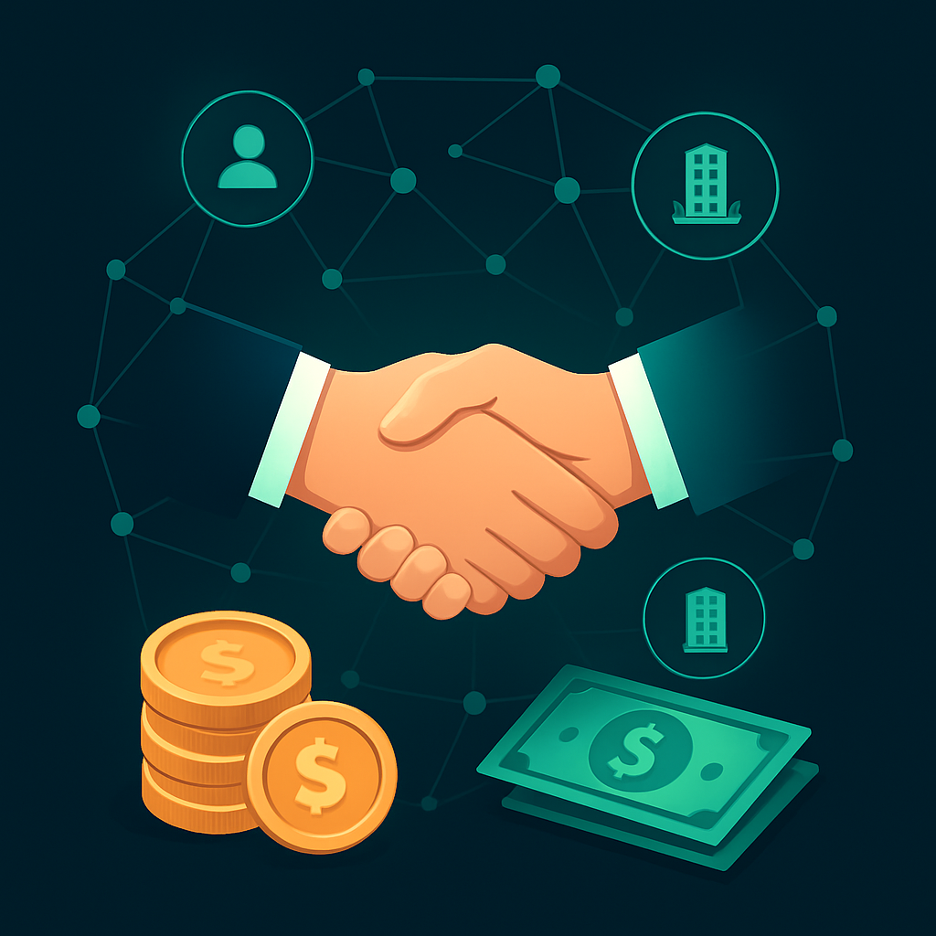 Illustration of a business handshake within a connected partner network with referral payouts